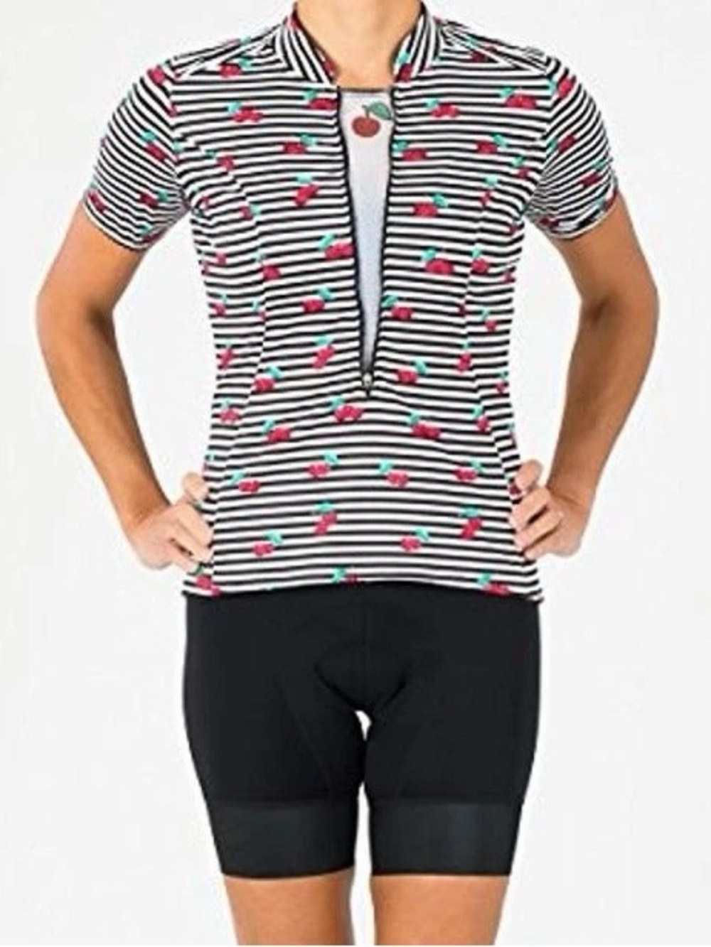 Shebeest Cherry Stripe Cycling Jersey Small Retro Rockabilly Pinup Bike Shirt